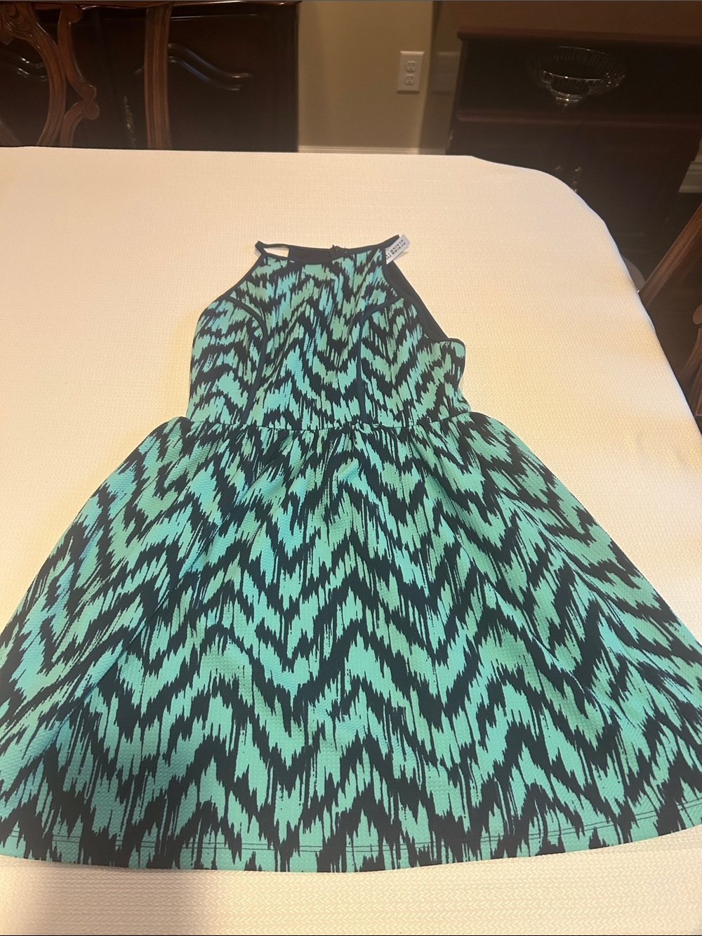 Design Lab Lord & Taylor Teal and Black Patterned Halter Dress